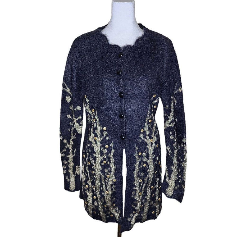 Tania Cardigan Sweater Womens Size L Black Gold Cashmere Blend Tunic Length Bead